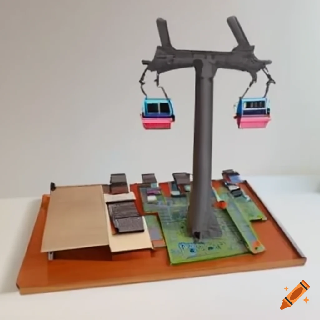 Maquette of a cable car with two cabins showing the energy loading points at the departure and arrival locations