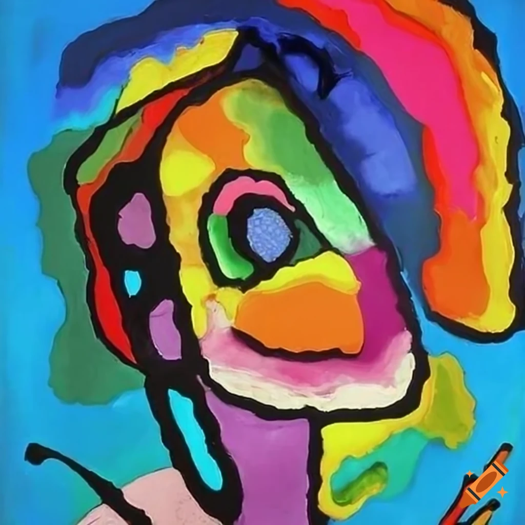 Vibrant colorful painting of an adult daughter leaving home by Kandinsky and Karel Appel