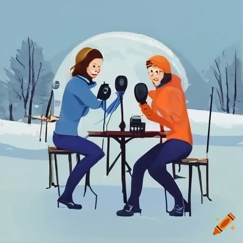 Colleagues recording podcast in serene winter landscape with audio gear