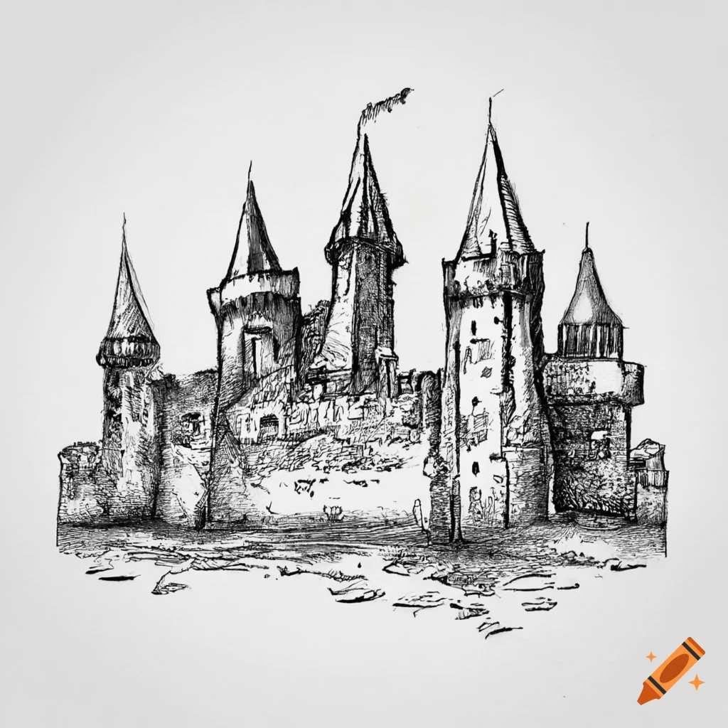 Medieval castle ink drawing in the style of castle basas