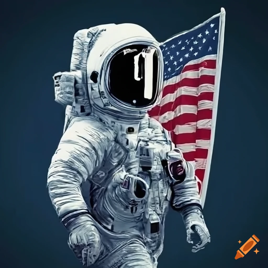 Astronaut planting USA flag on the moon's surface