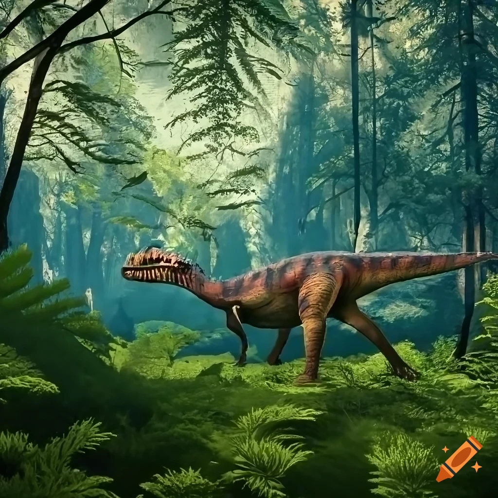 Hadrosaurus dinosaurs crossing a ravine in a cedar forest