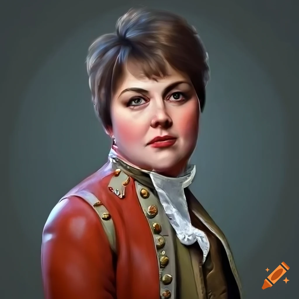 Portrait of a plus size aristocratic woman with a regal expression and dark blonde pixie cut hair
