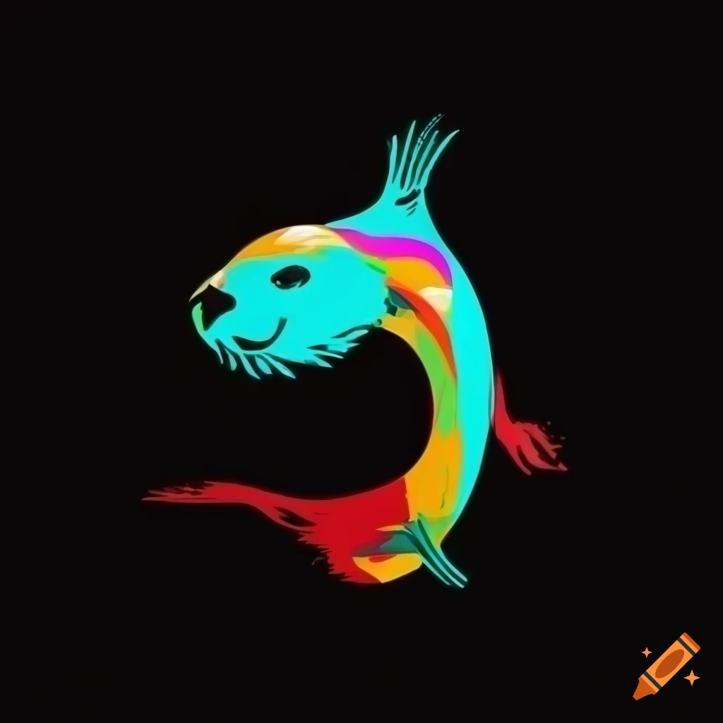 Abstract otter swimming in funky colors on a black background