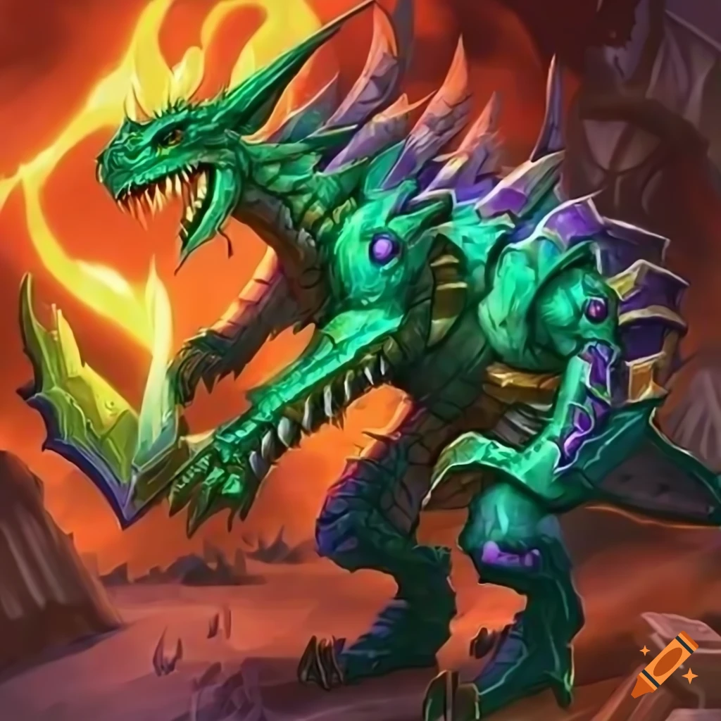 Emerald armored anime elder dragon dinosaur on a Hearthstone card