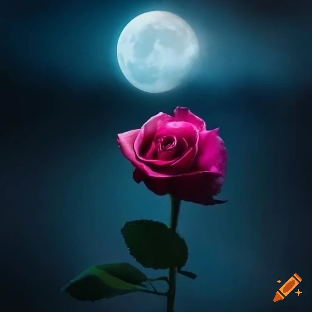 Single rose losing petals in dark moonlight with diamond orbs