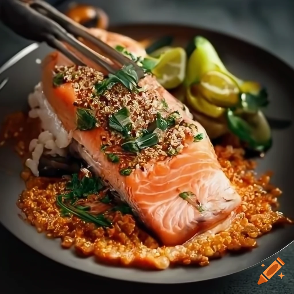 Baked salmon fillet with crispy skin, served with steamed vegetables and quinoa