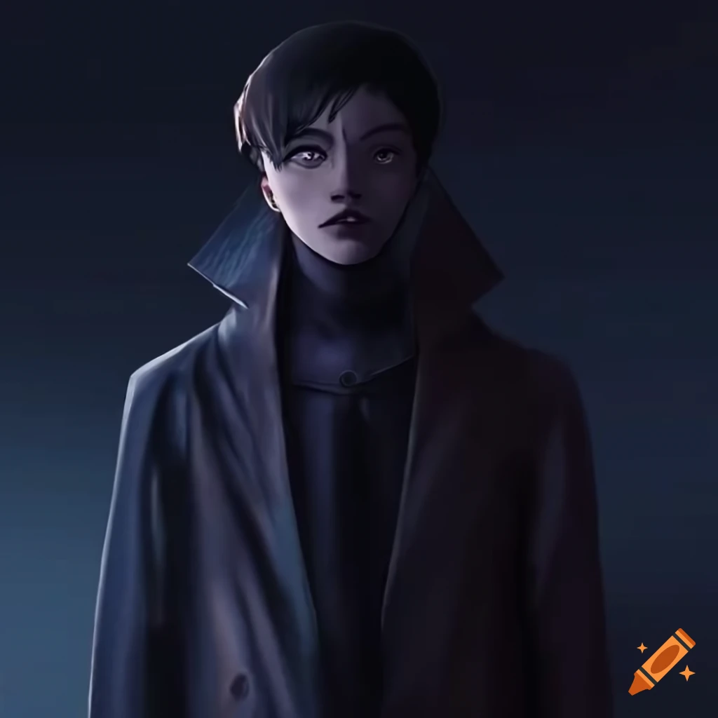 Male character in 20's anime style with raincoat in a mysterious city
