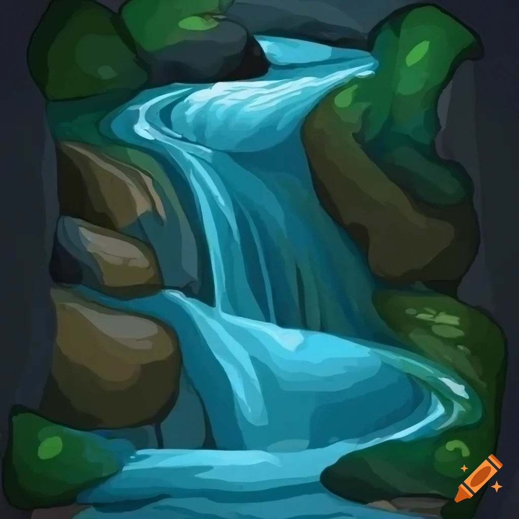 Cascading creek with pebble riverbed on transparent background in video game style