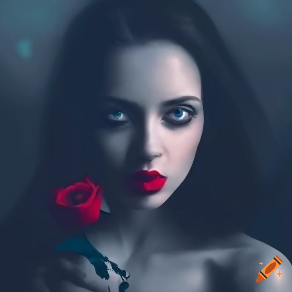 Beautiful female with a red rose under the dark moonlight with a single tear