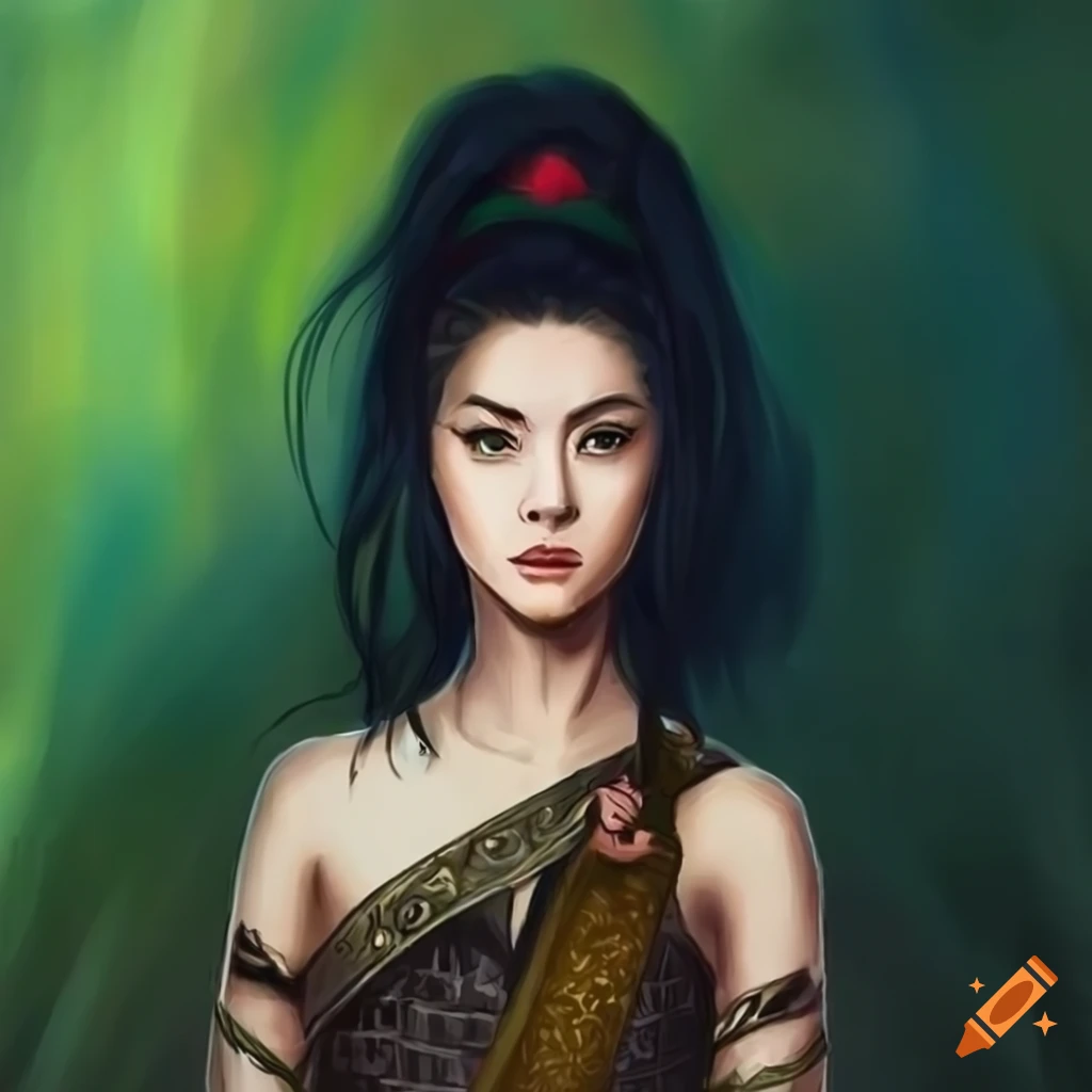 Exotic warrior princess inspired by Cantonese beauty in a Game of Thrones style, set in Belfast's green surroundings