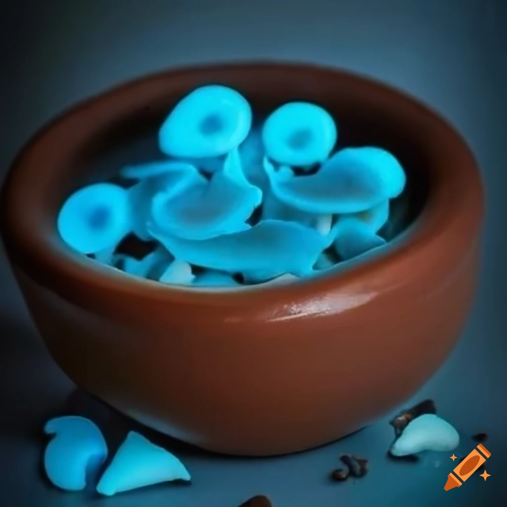 Blue glowing mushrooms in a brown clay bowl with dripping blue slime