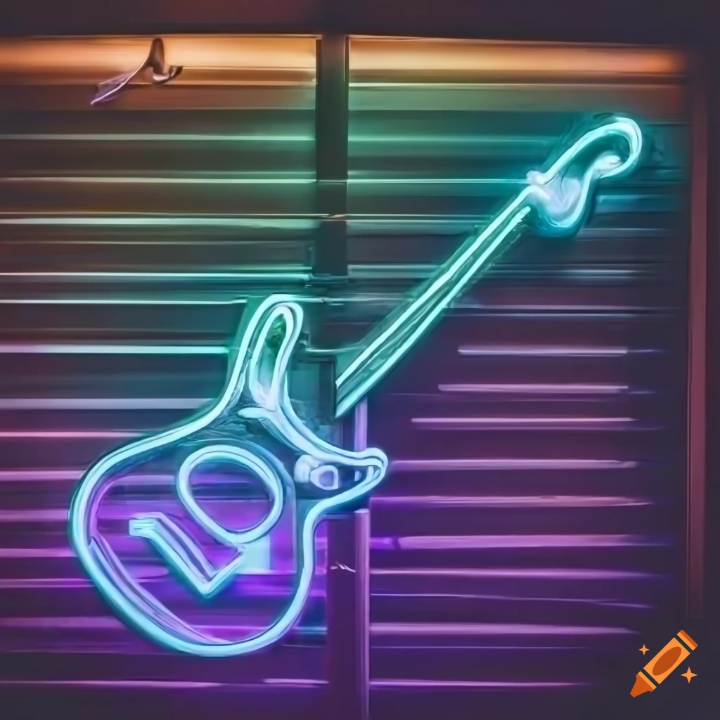 Bar window with guitar neon sign and JP logo on a misty night