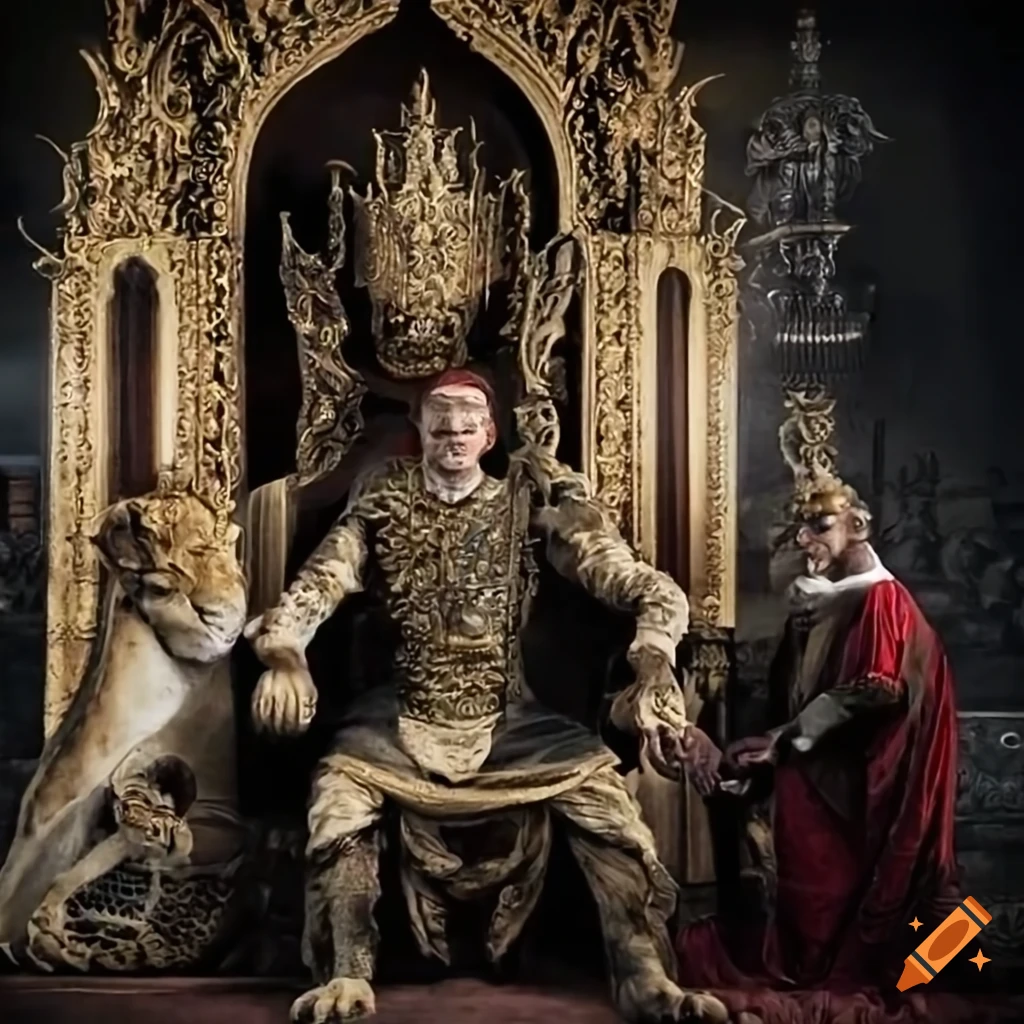Men sitting on a throne with a lion