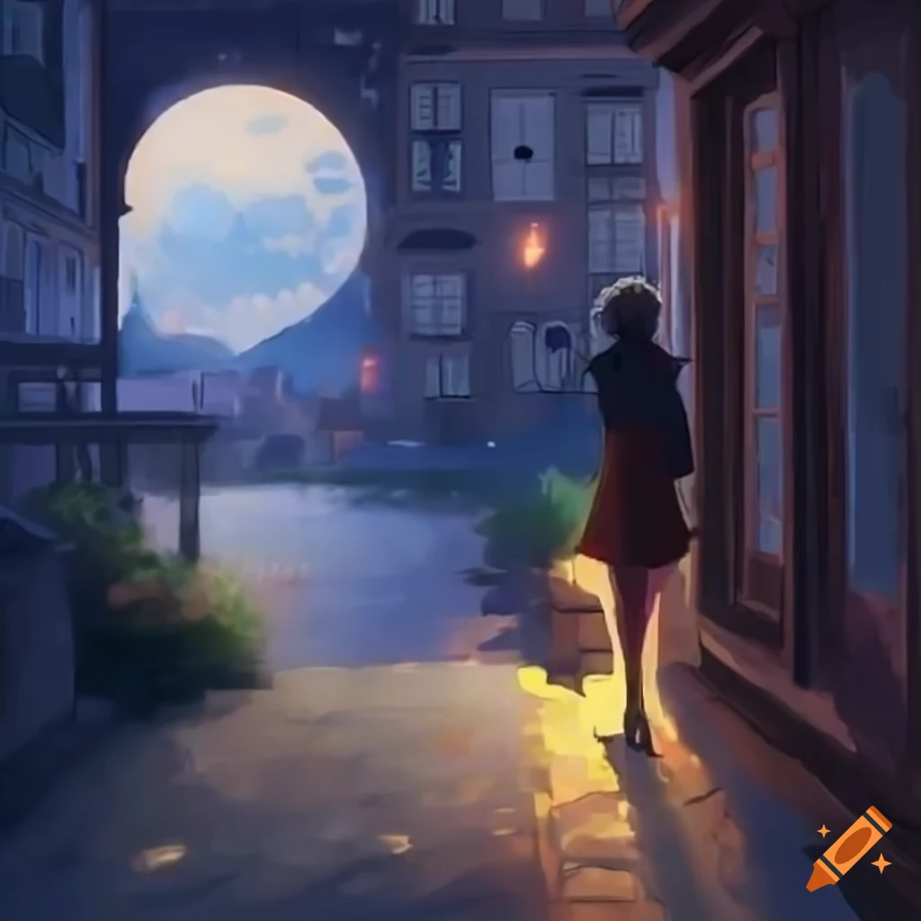 Arcueid Brunestud walking along moonlit streets in traditional anime style