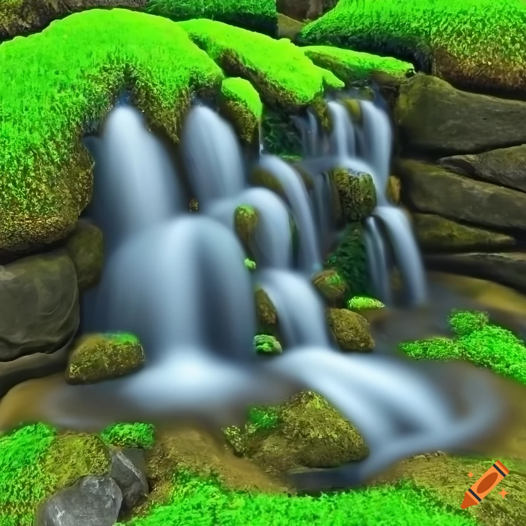 Waterfall cascading over mossy rocks into a rock pool in a video game style
