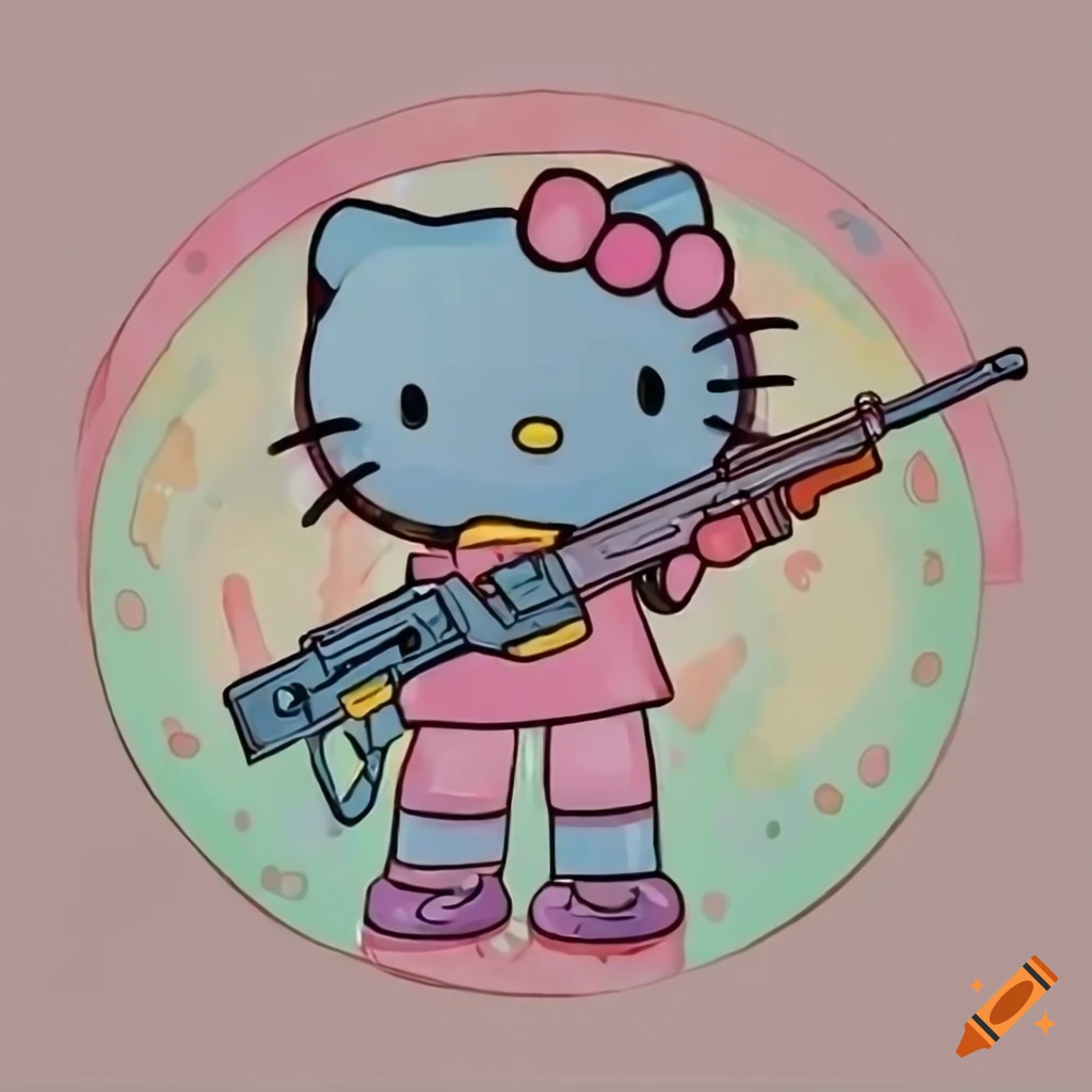 Cute character resembling Hello Kitty holding a rifle in pastel colors
