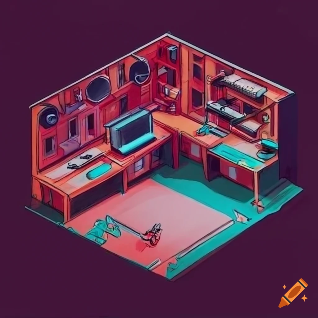 Isometric drawing of a movie production room with busy activity