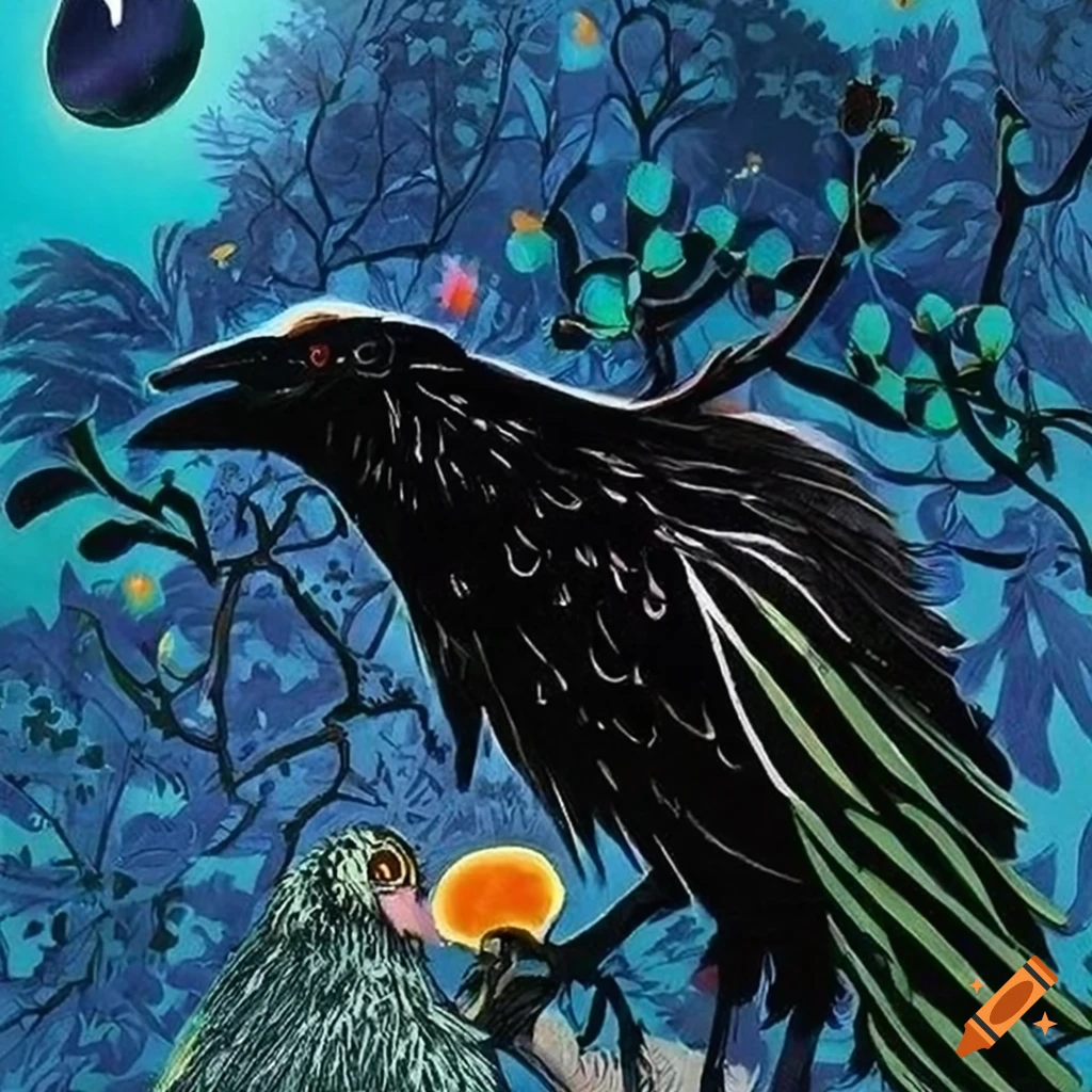 Black Raven with iridescent Peacock feather cloak in a Celtic storybook illustration