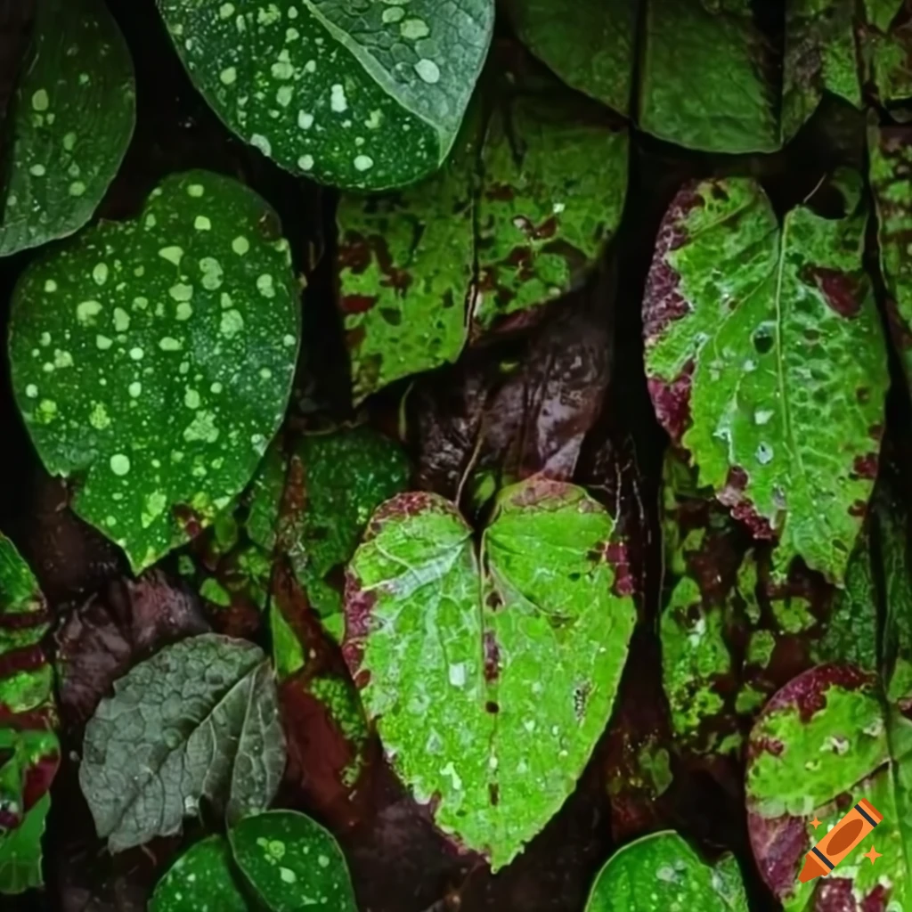 Rainforest scene with gentle rainfall and puddles on speckled leaves
