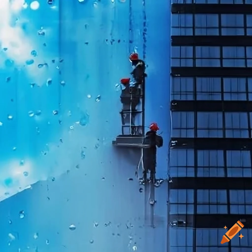 Professional building maintenance team waterproofing modern commercial building under the rain