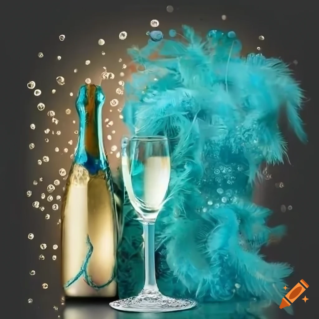 Champagne bottle and glass with teal feather boa and bubbles