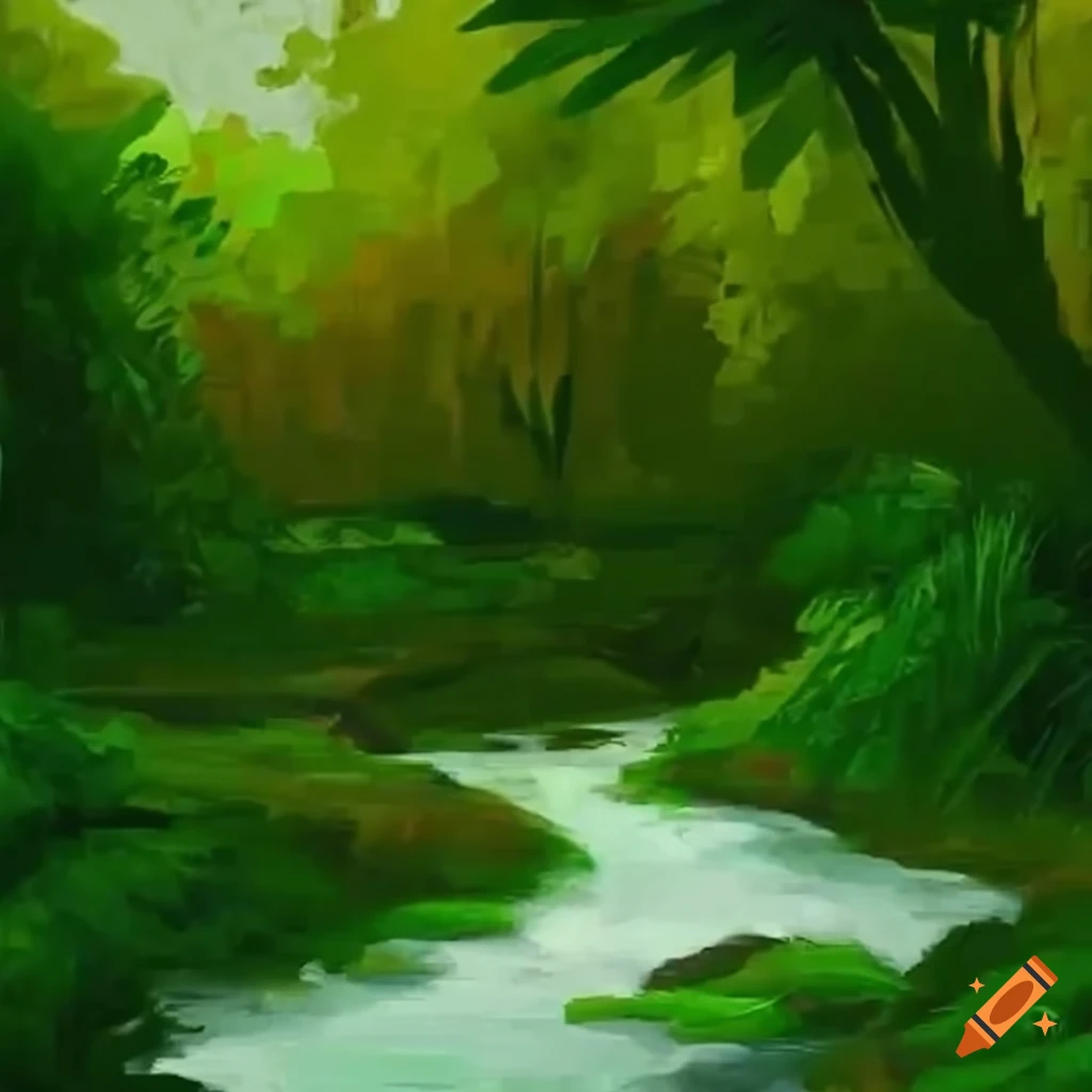 Pebbled riverbed winding through verdant jungle in video game style