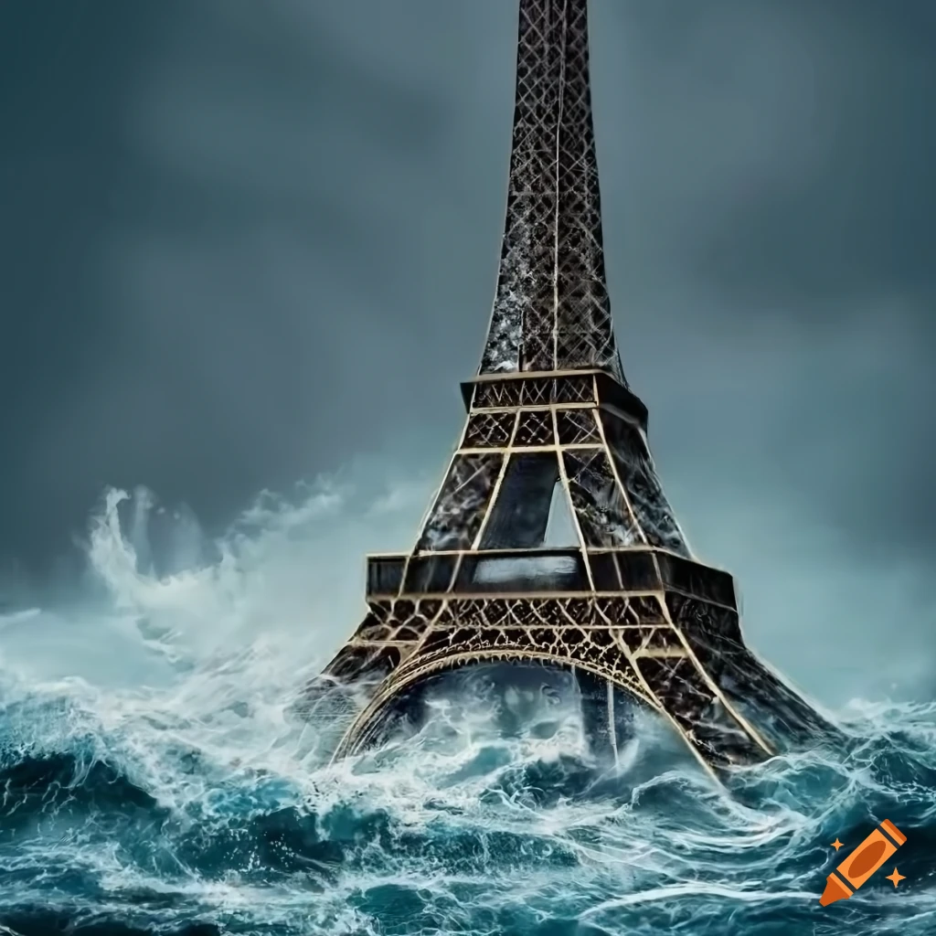 Eiffel Tower standing in stormy sea with high waves around it, close-up detailed illustration