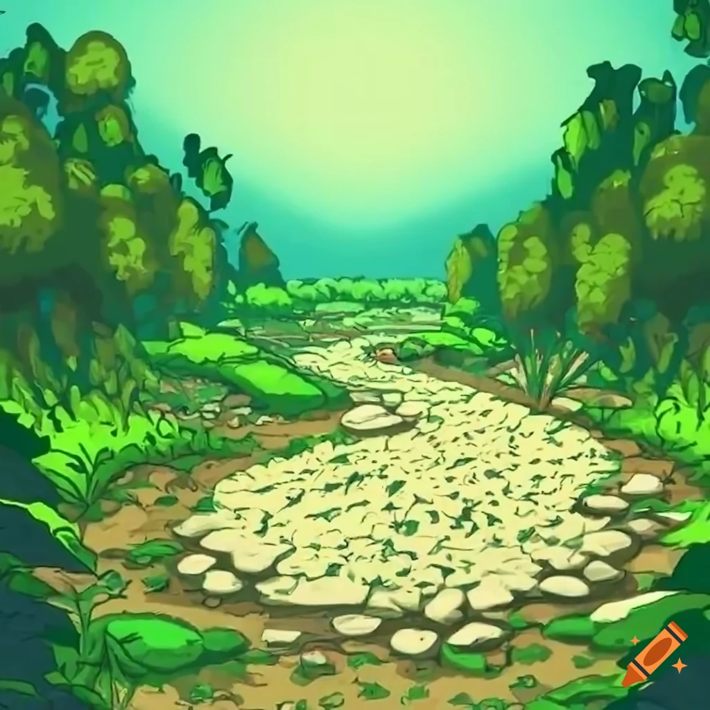 Pebbled riverbed winding through verdant jungle in video game style