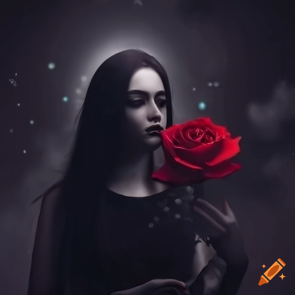 Female with a red rose under a dark moonlight with diamond orbs fluttering, looking sad
