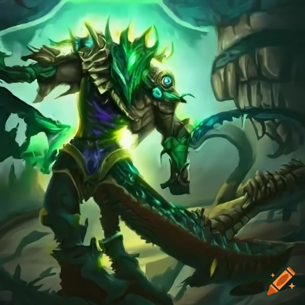 Emerald armored anime elder dragon dinosaur on a Hearthstone card