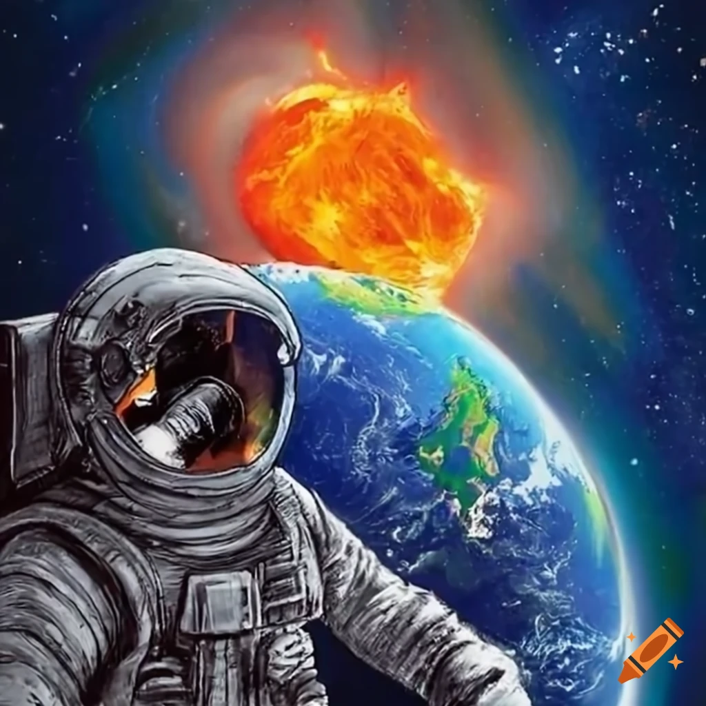 Solar flare eruption heading towards Earth with an astronaut in space