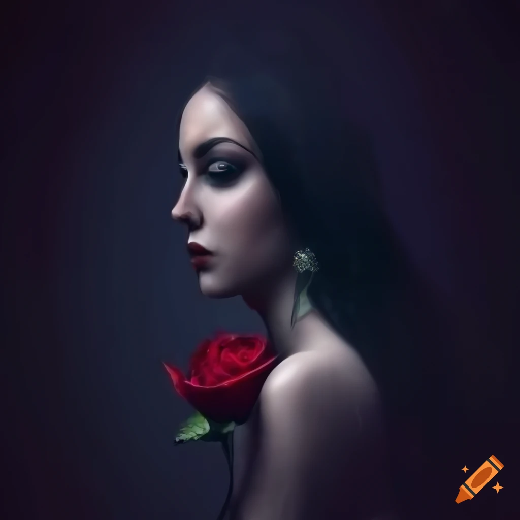 Beautiful woman under a dark moonlight with diamond orbs, looking sad and holding a red rose