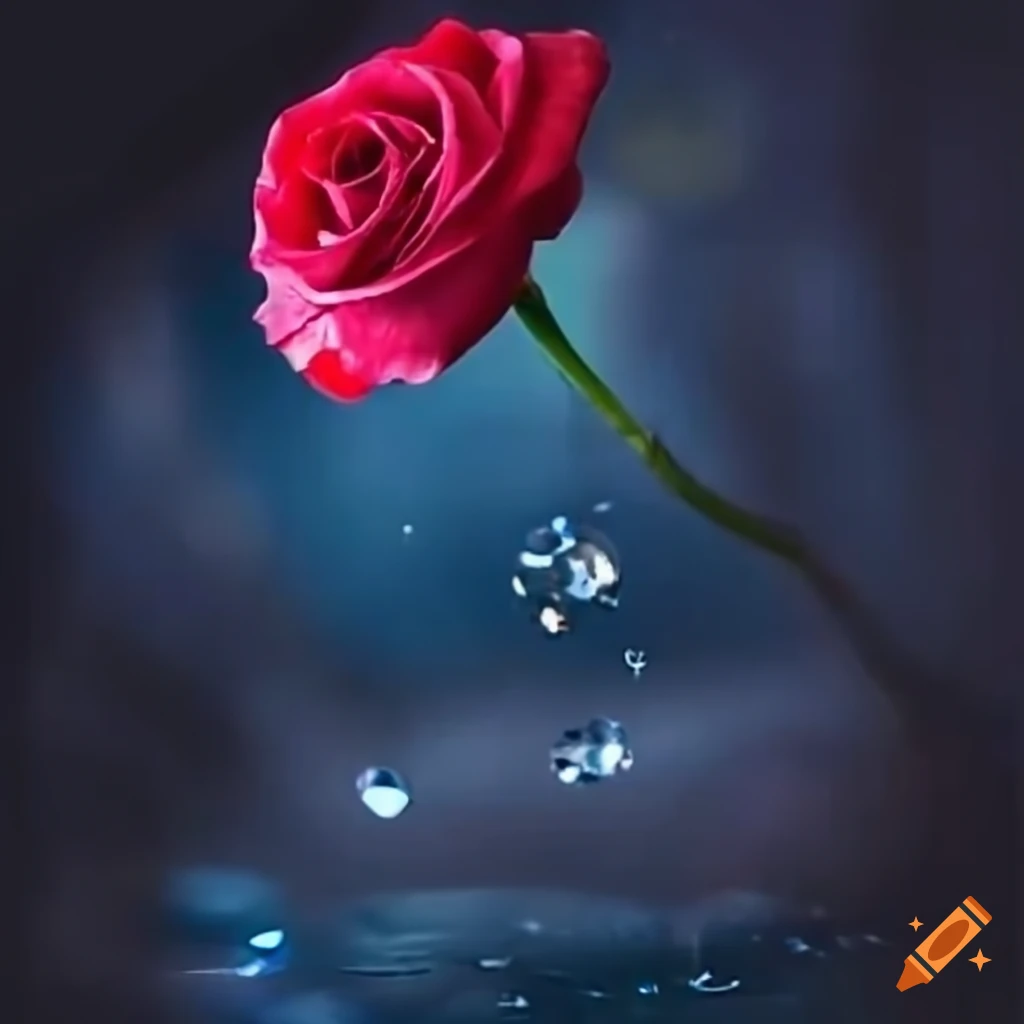 Lonely red rose with diamonds in enchanted setting