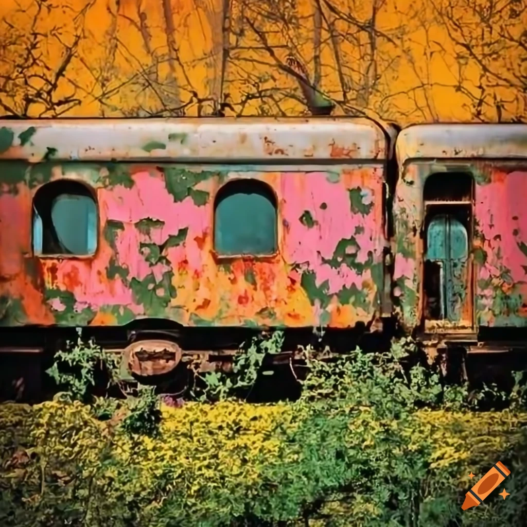 Old train with peeling paint and rust surrounded by vines and colorful flowers