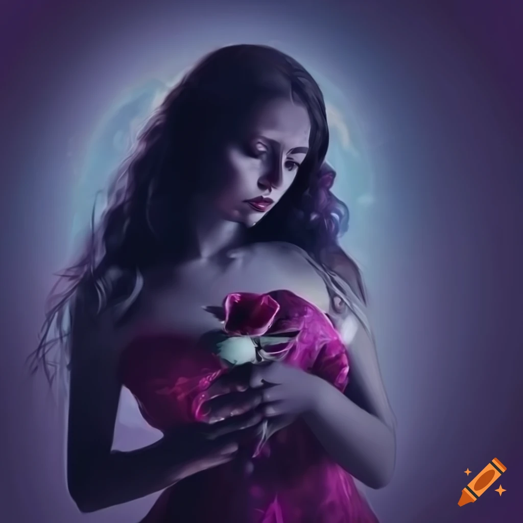 Beautiful woman with rose under dark moonlight and diamond orbs looking sad