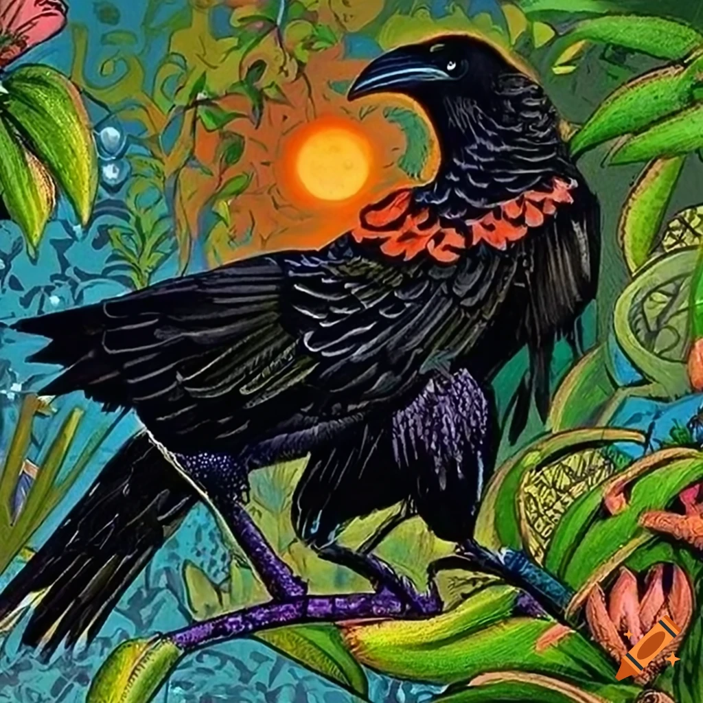 Black Raven with iridescent Peacock feather cloak in a Celtic storybook illustration