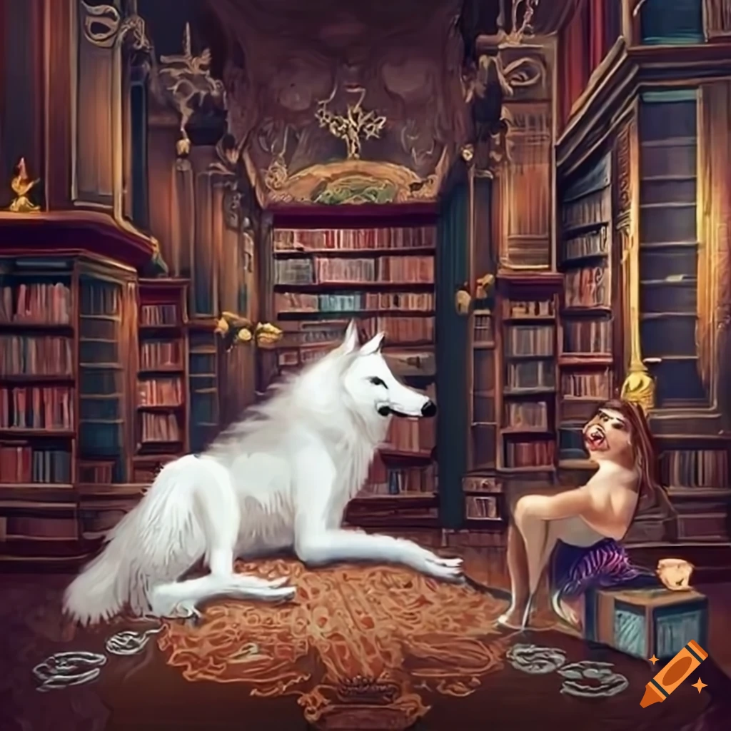 Woman with a white wolf in a magical library setting
