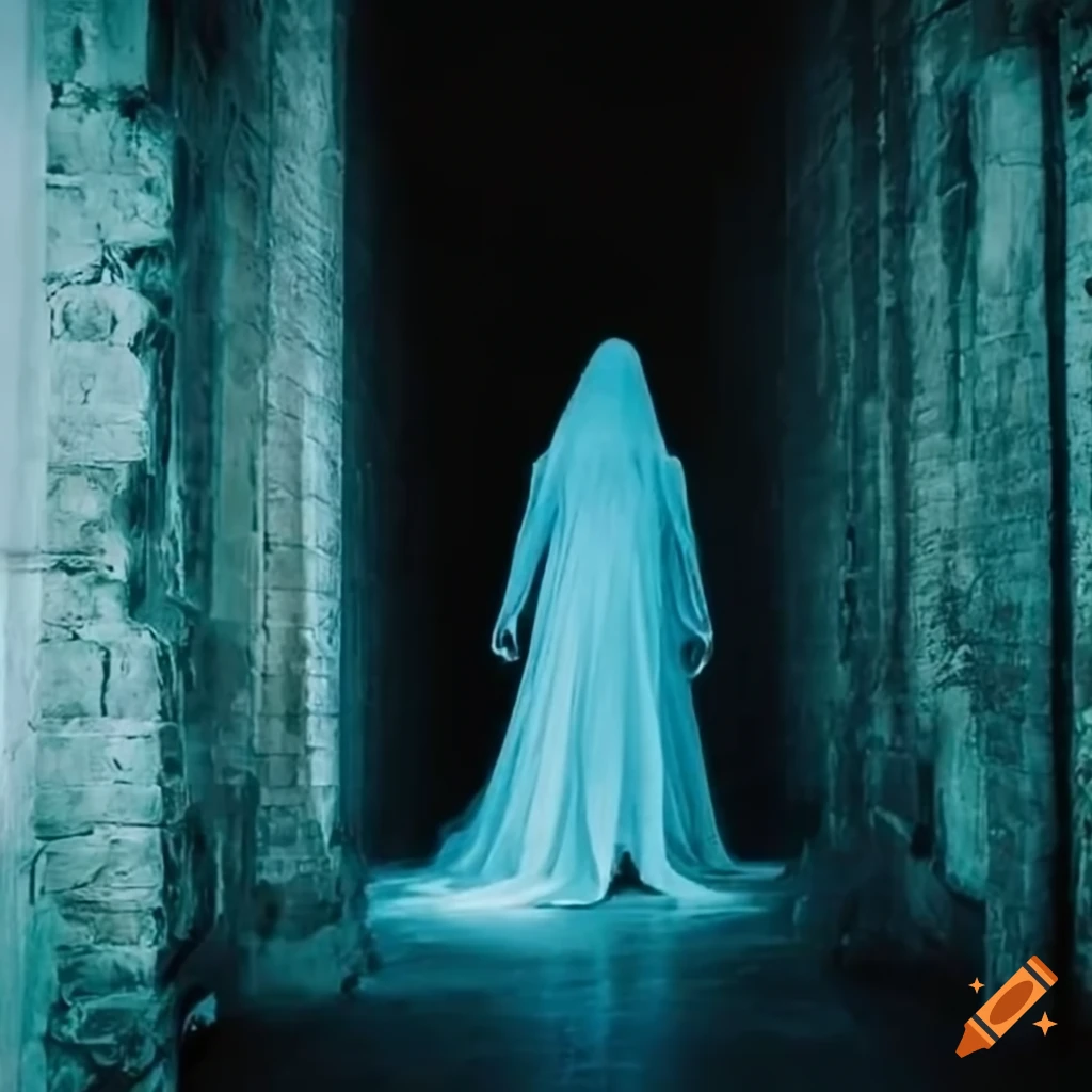 Ghost woman in a dark castle corridor