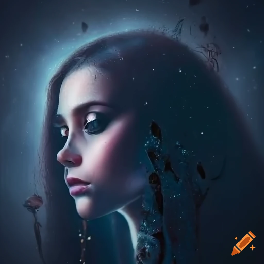 Beautiful female under moonlight with red rose, tears like crystals in a galaxy setting