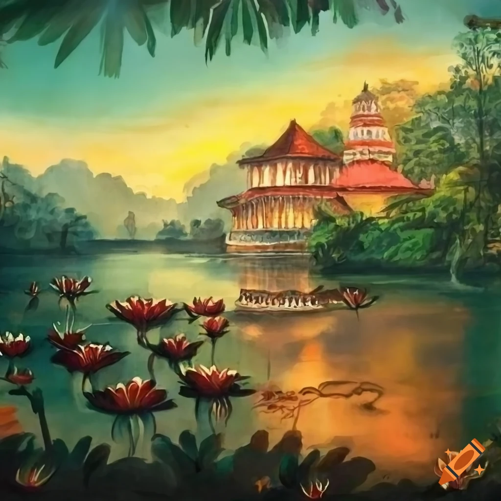 Historical painting of ancient Sri Lankan landscape from Kandy era with lotus flowers and traditional architecture