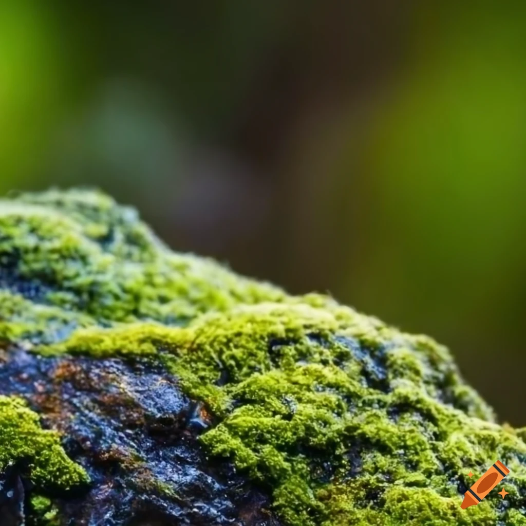 Rain falling on a rock with moss spores, close-up view