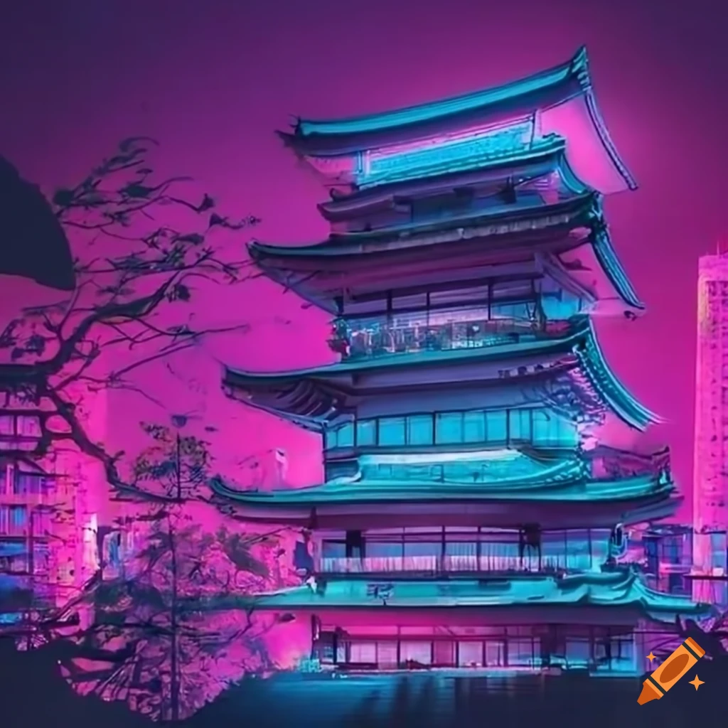 Blend of ancient and modern architecture in a futuristic Japanese city with pink neon lights