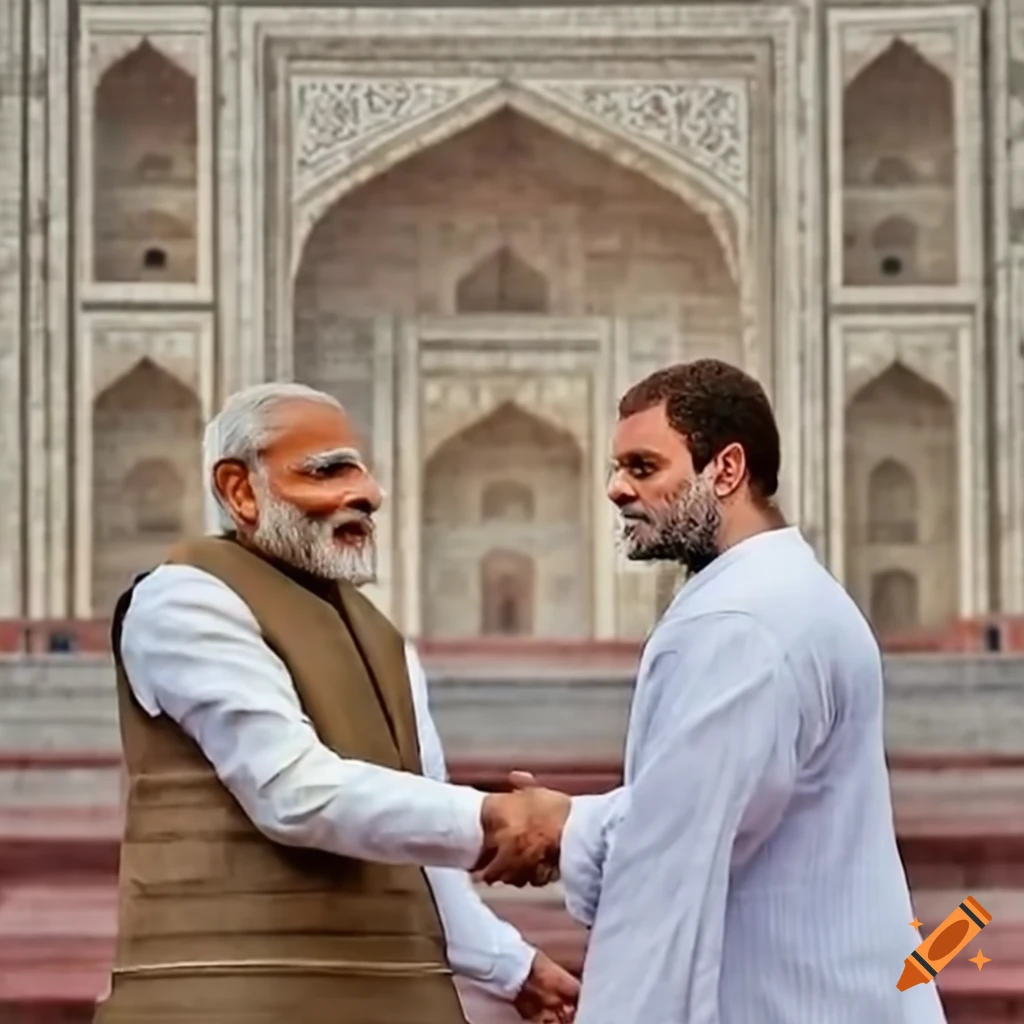 Narendra Modi and Rahul Gandhi shake hands in front of Taj Mahal monument