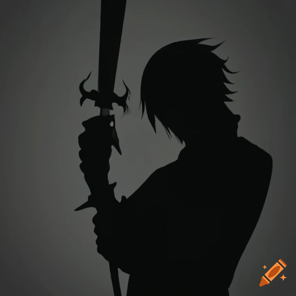 Silhouette of a serious anime character holding a sword