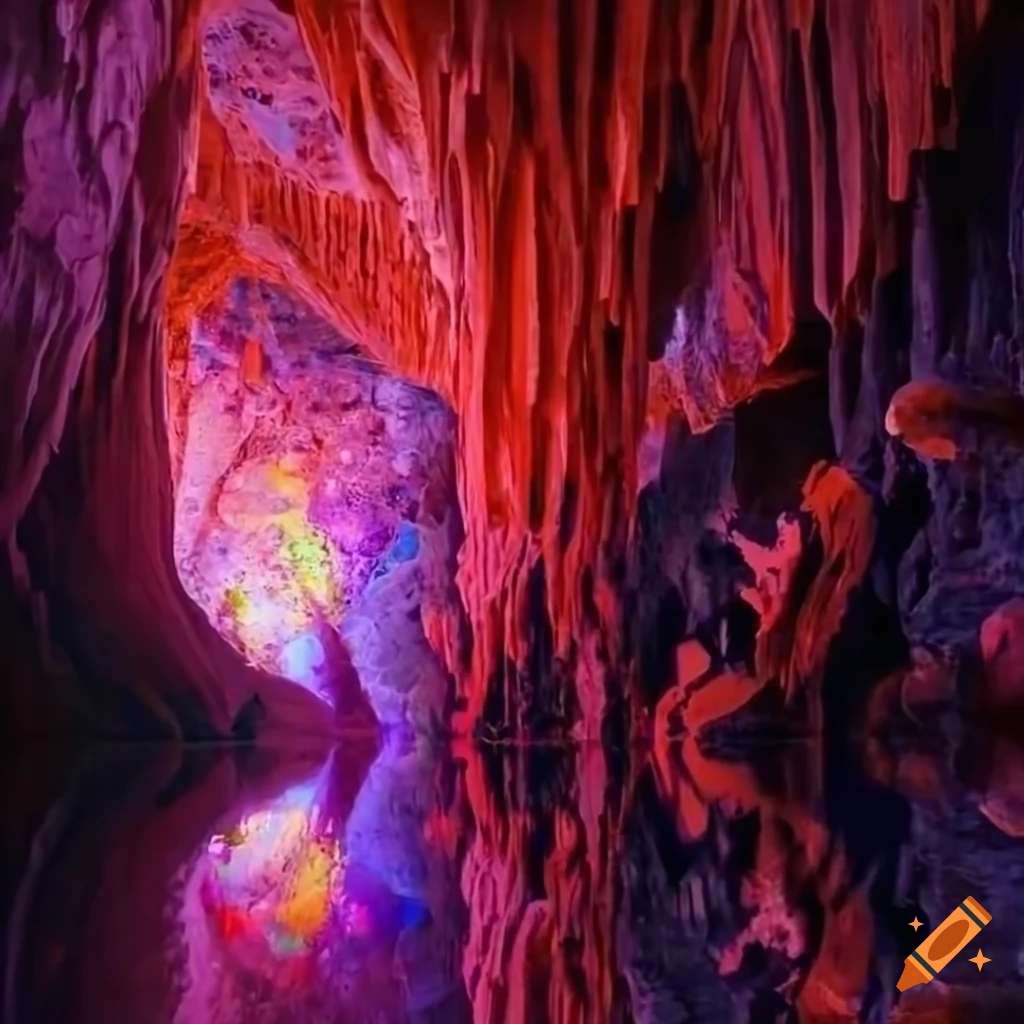 Narrow high corridor in a shimmering ruby crystal cave