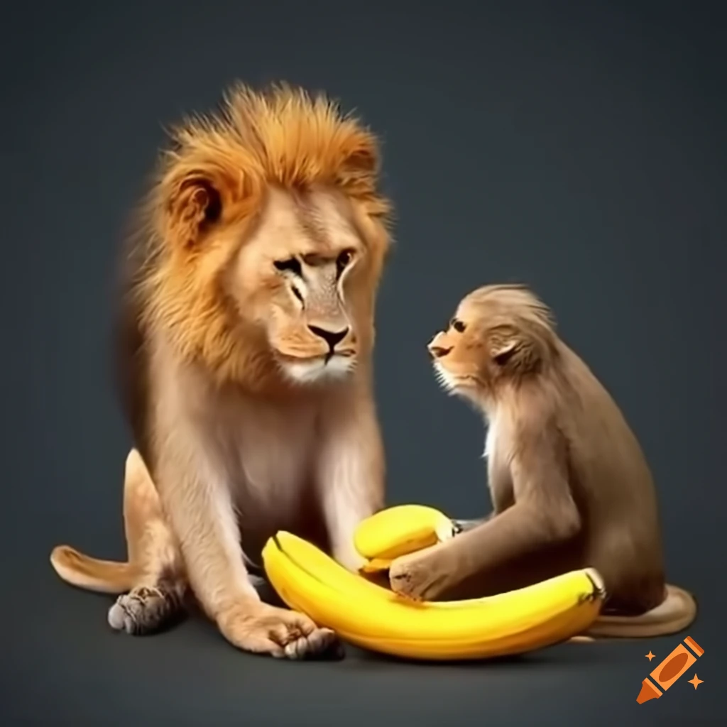 Monkey and lion playing with bananas and teasing each other