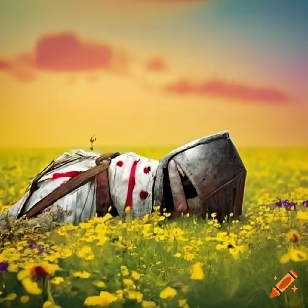 Medieval templar lying dead in a field of flowers