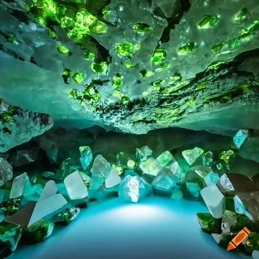 Cave filled with peridot crystals and podium in the center