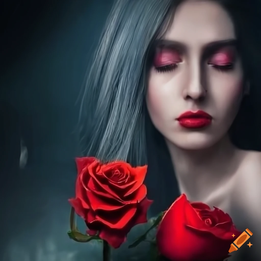 Beautiful female with a red rose under the dark moonlight with a tear